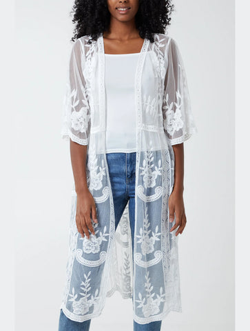 Embroidered Long Lace Kimono | Ivory