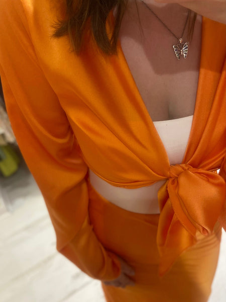 Satin 2-Piece Midi Skirt and Fluted Sleeve Top | Orange