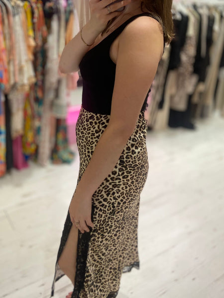 Leopard Satin Midi Skirt with Lace Split