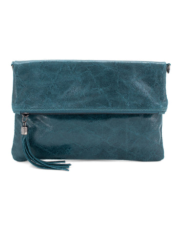 Leather Foldover Clutch/Cross Body Bag | Teal Distressed Finish