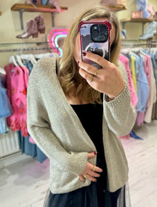 Glitter Knitted Edge to Edge Cardigan Pale Grey Gold Pink Flamingo Boutique Kent