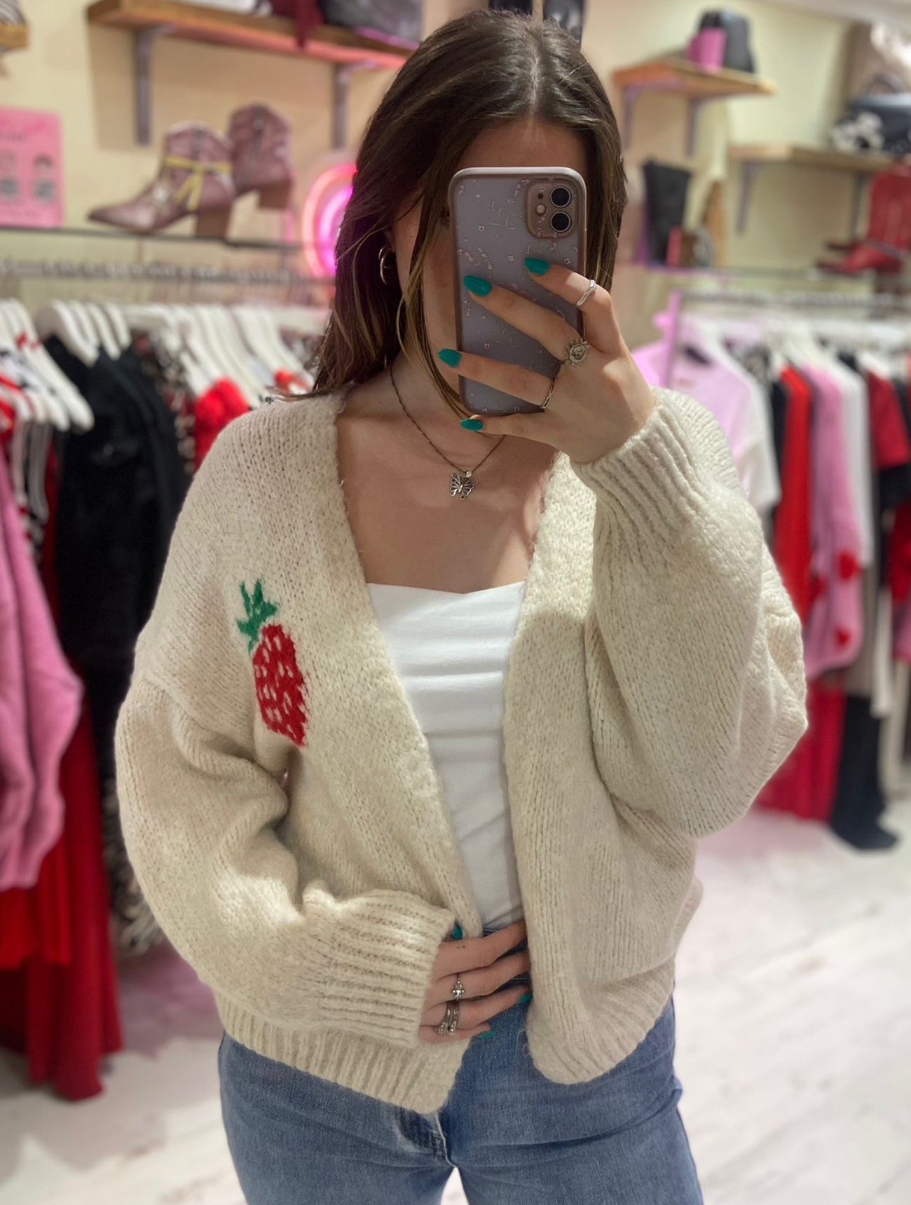 Good Vibes Strawberry Cardigan Cream Pink Flamingo Boutique Kent