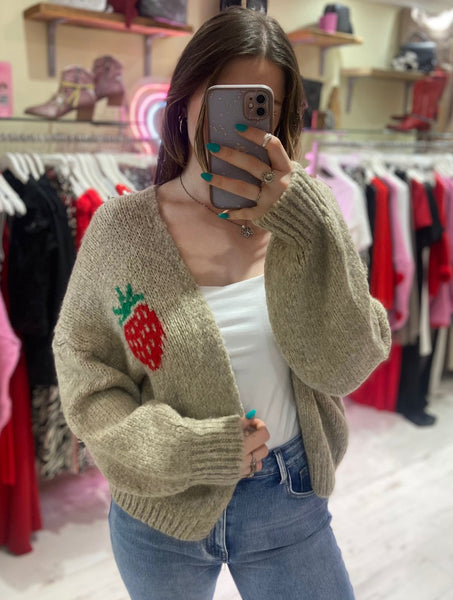 Good Vibes Strawberry Cardigan | Oatmeal