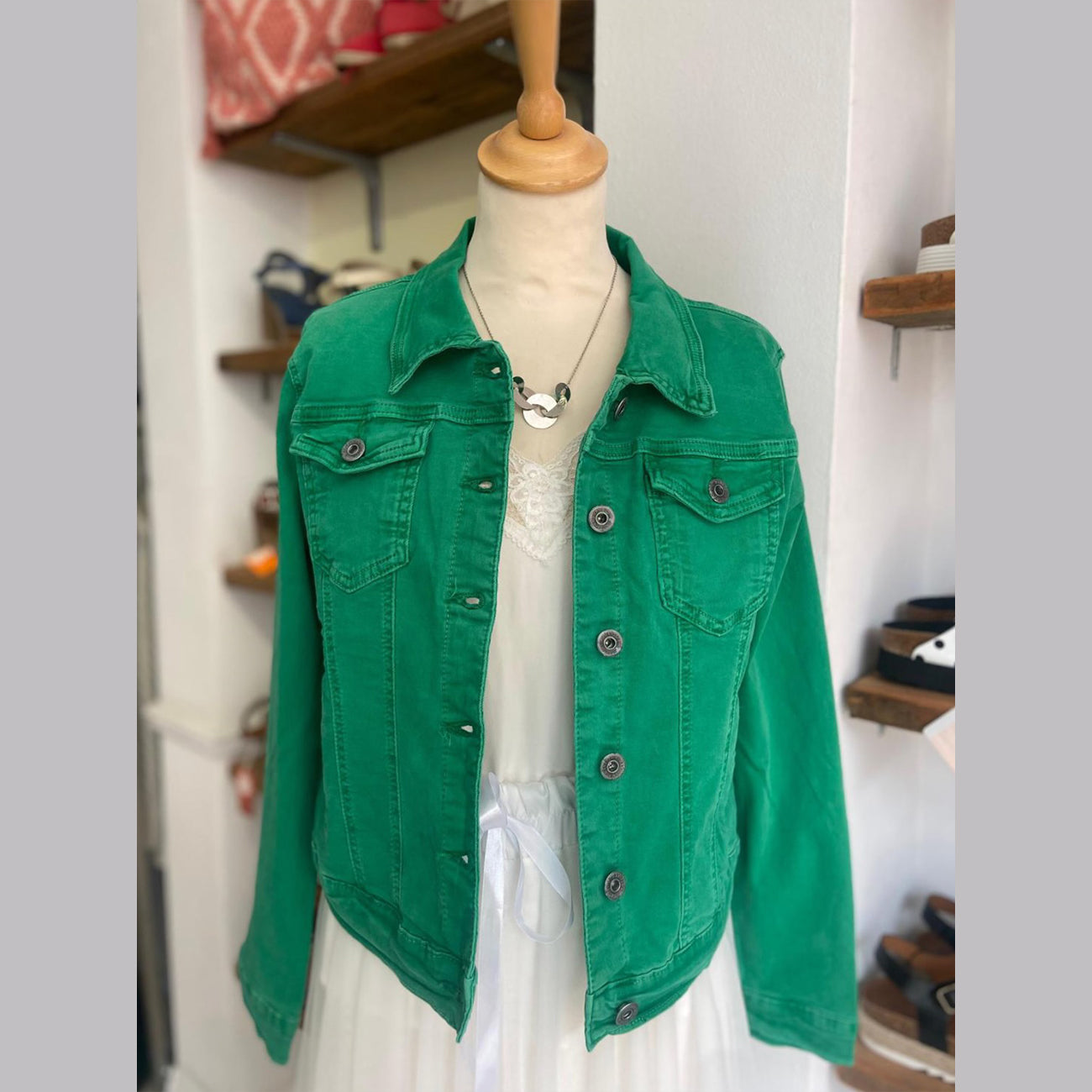 Emerald green denim jacket deals