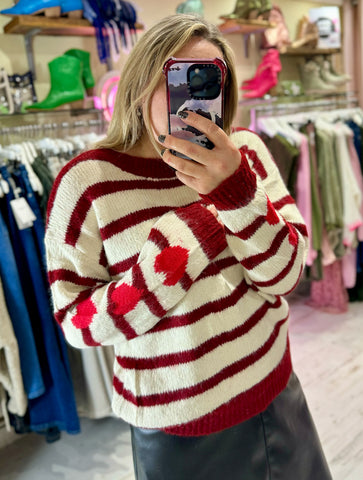 'She Wears Her Heart On Her Sleeve' Stripe Sweater | Burgundy/Cream