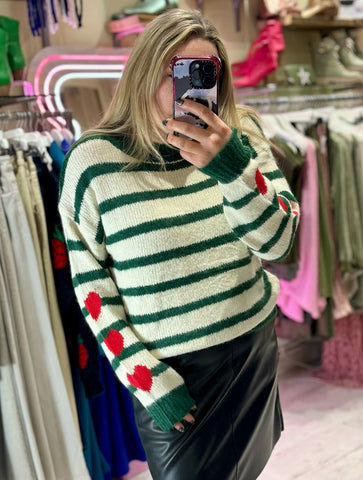 'She Wears Her Heart On Her Sleeve' Stripe Sweater | Green/Cream