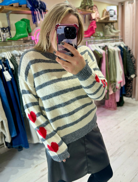 'She Wears Her Heart On Her Sleeve' Stripe Sweater | Grey/Cream