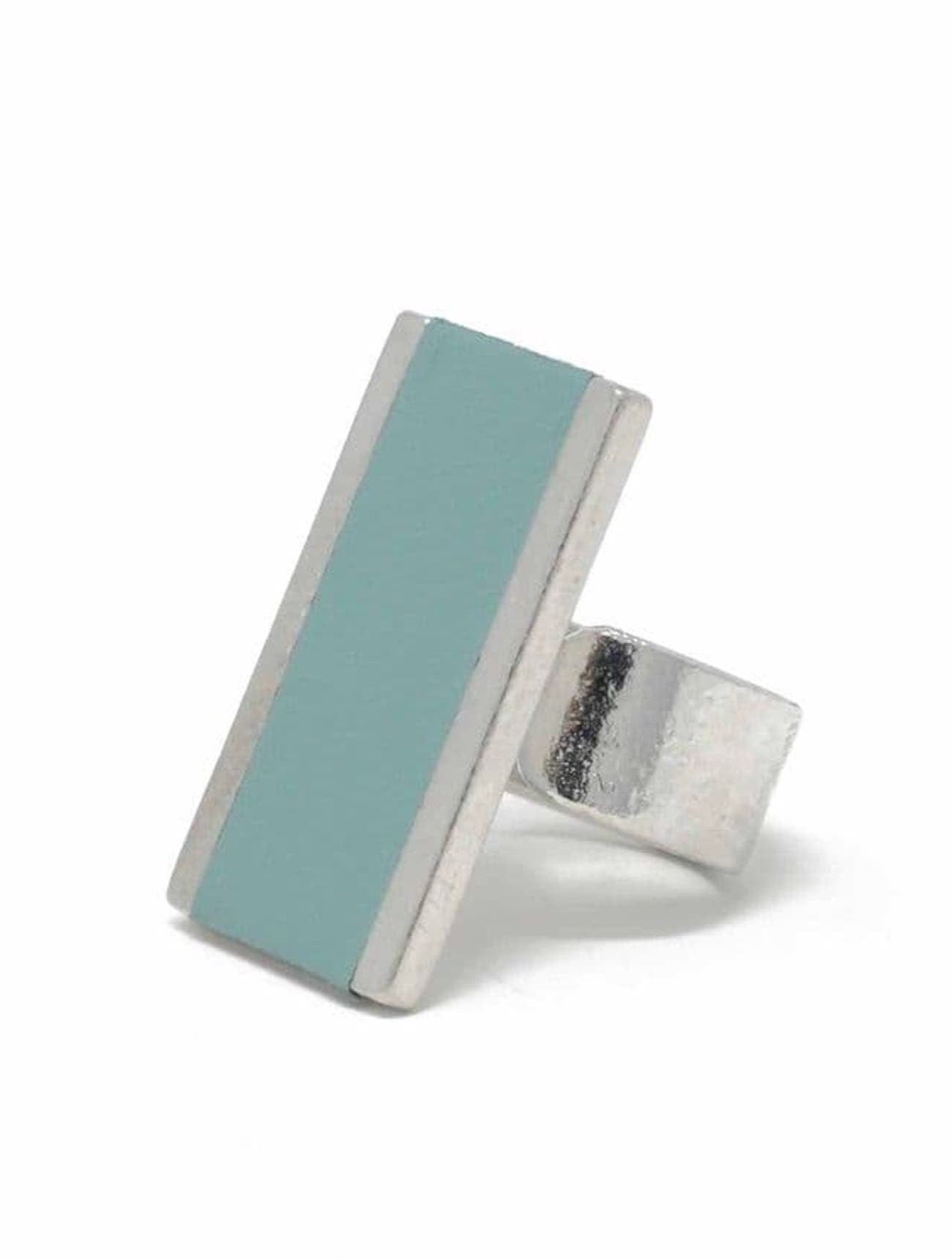 Large Rectangle Feature Adjustable Ring with Leather Inlay | Duck Egg