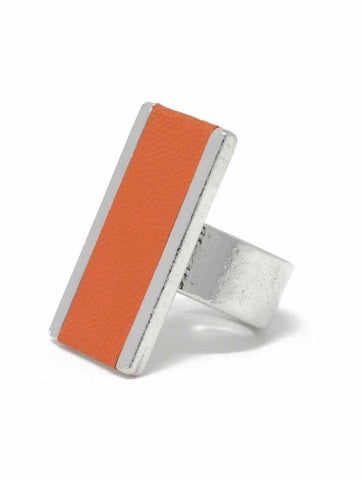 Large Rectangle Feature Adjustable Ring with Leather Inlay | Orange