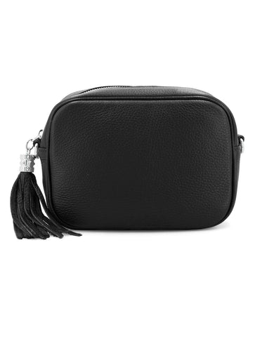 Large Leather Rectangle Tassel Crossbody Bag | Black