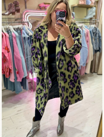 Bright Leopard Cocoon Coat | Purple/Khaki