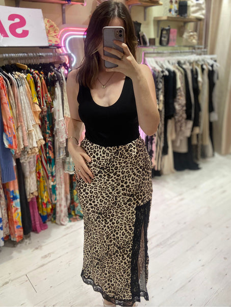 Leopard Satin Midi Skirt with Lace Split