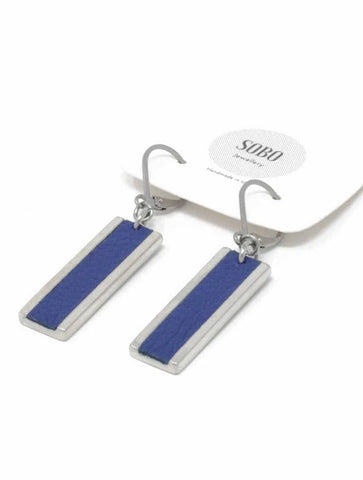 Long Rectangle Drop Earrings with Leather Inlay | Blue