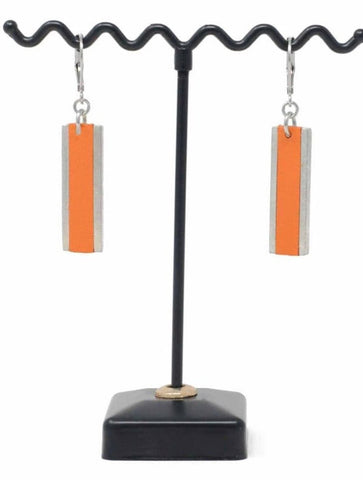 Long Rectangle Drop Earrings with Leather Inlay | Orange