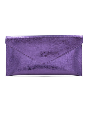 Metallic Leather Envelope Clutch | Purple