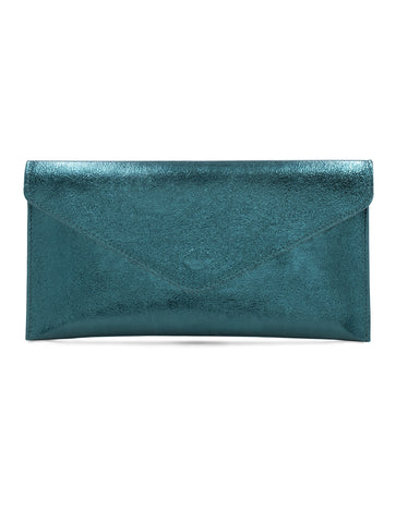 Metallic Leather Envelope Clutch | Teal