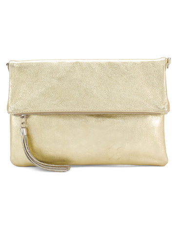 Metallic Leather Foldover Clutch/Cross Body Bag | Gold