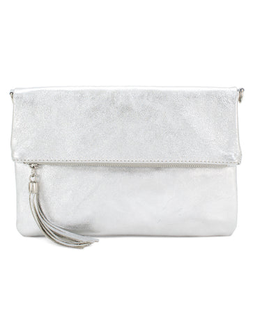 Metallic Leather Foldover Clutch/Cross Body Bag | Silver