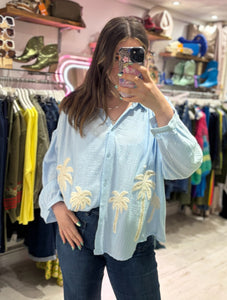 Cotton Cheesecloth Palm Detail Shirt | Sky Blue