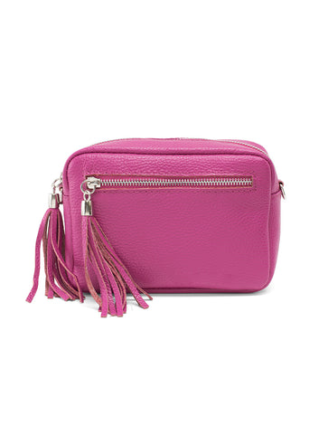 Leather Rectangle Tassel Crossbody Bag | Magenta