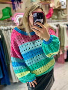 Rainbow Stripe Knitted Balloon Sleeve Jumper | Multi