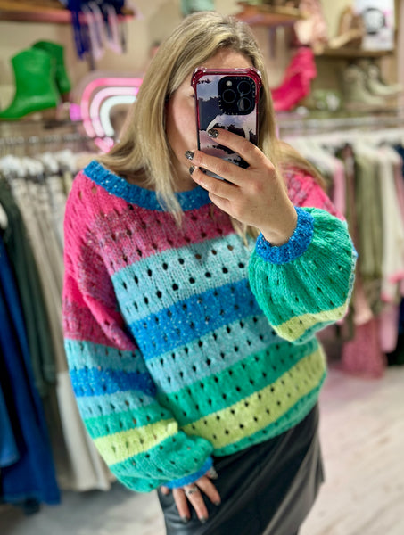 Rainbow Stripe Knitted Balloon Sleeve Jumper | Multi