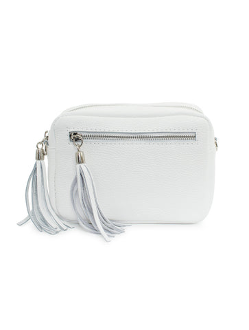 Leather Rectangle Tassel Crossbody Bag | White