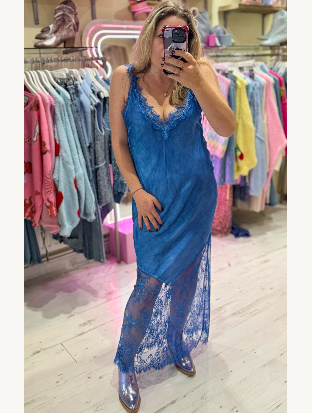 Satin Lace Detail Slip Dress | Electric Blue