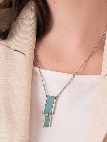 Short Double Rectangle Feature Necklace with Leather Inlay | Duck Egg