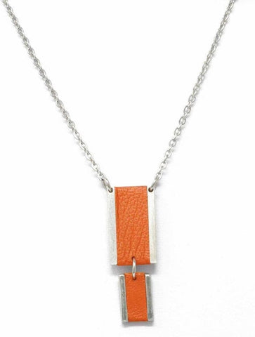 Short Double Rectangle Feature Necklace with Leather Inlay | Orange