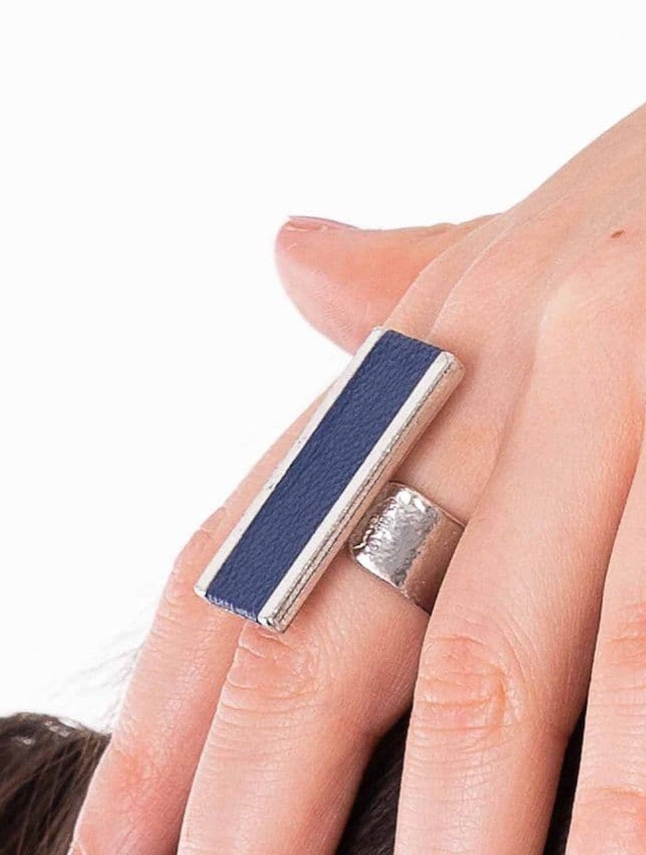 Slim Rectangle Feature Adjustable Ring with Leather Inlay | Blue