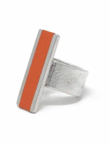 Slim Rectangle Feature Adjustable Ring with Leather Inlay | Orange