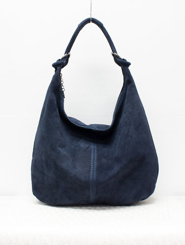 Suede Leather Slouch Shoulder Bag | Navy