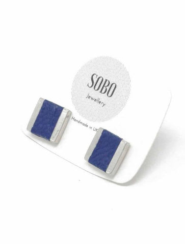 Small Square Stud with Leather Inlay | Blue