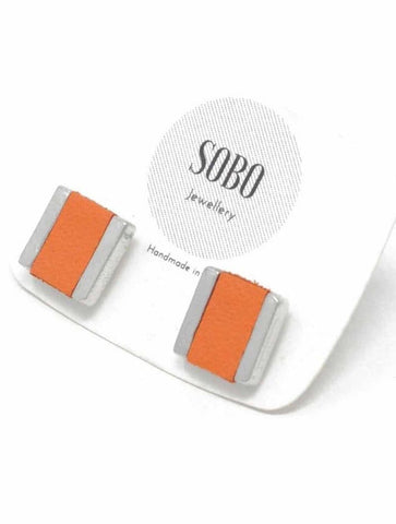 Small Square Stud with Leather Inlay | Orange