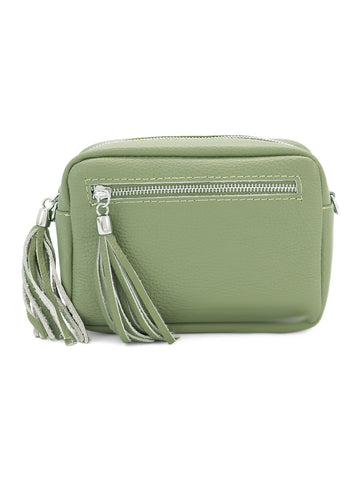 Leather Rectangle Tassel Crossbody Bag | Sage Green