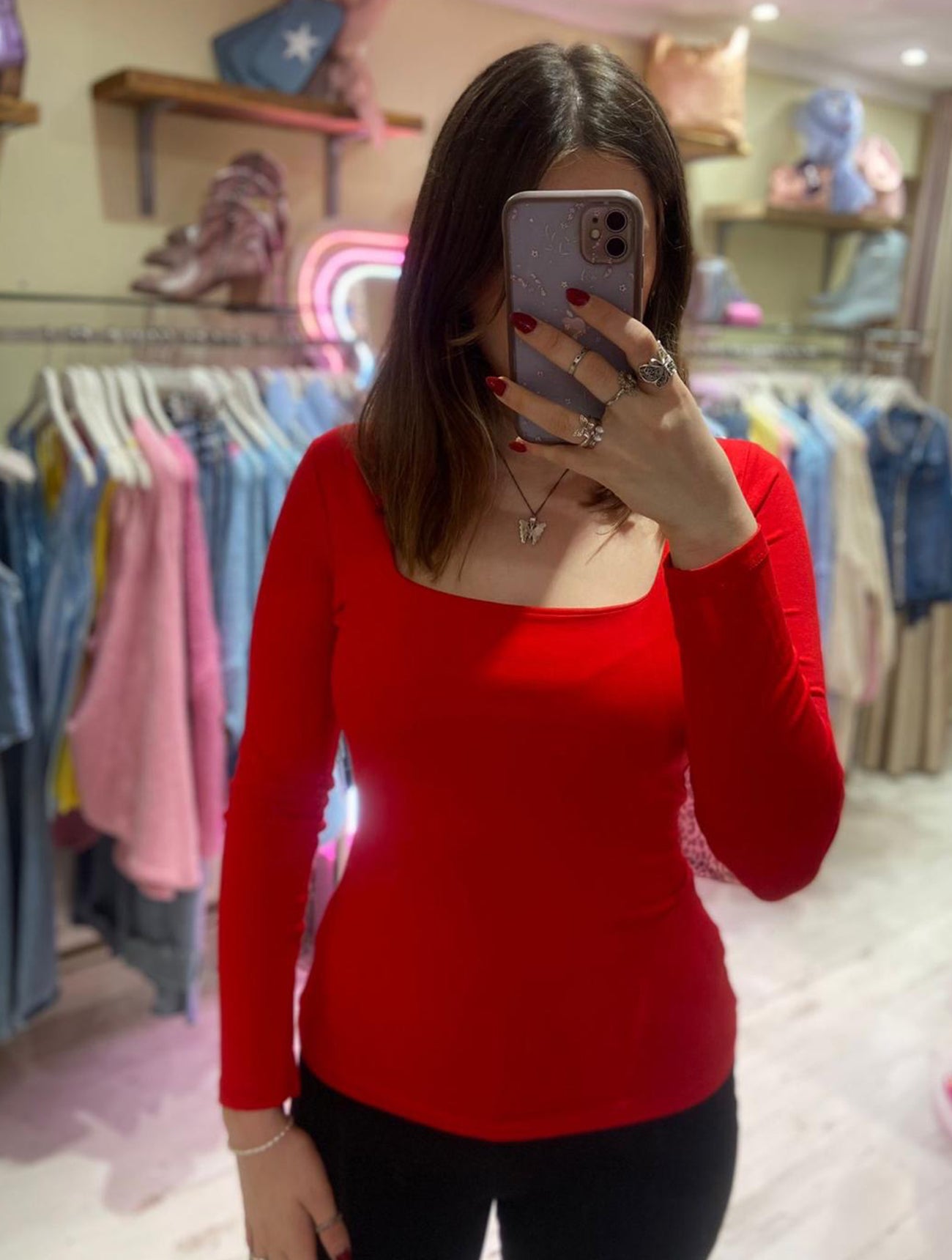 Basic Long Sleeved Square Neck Top | Red