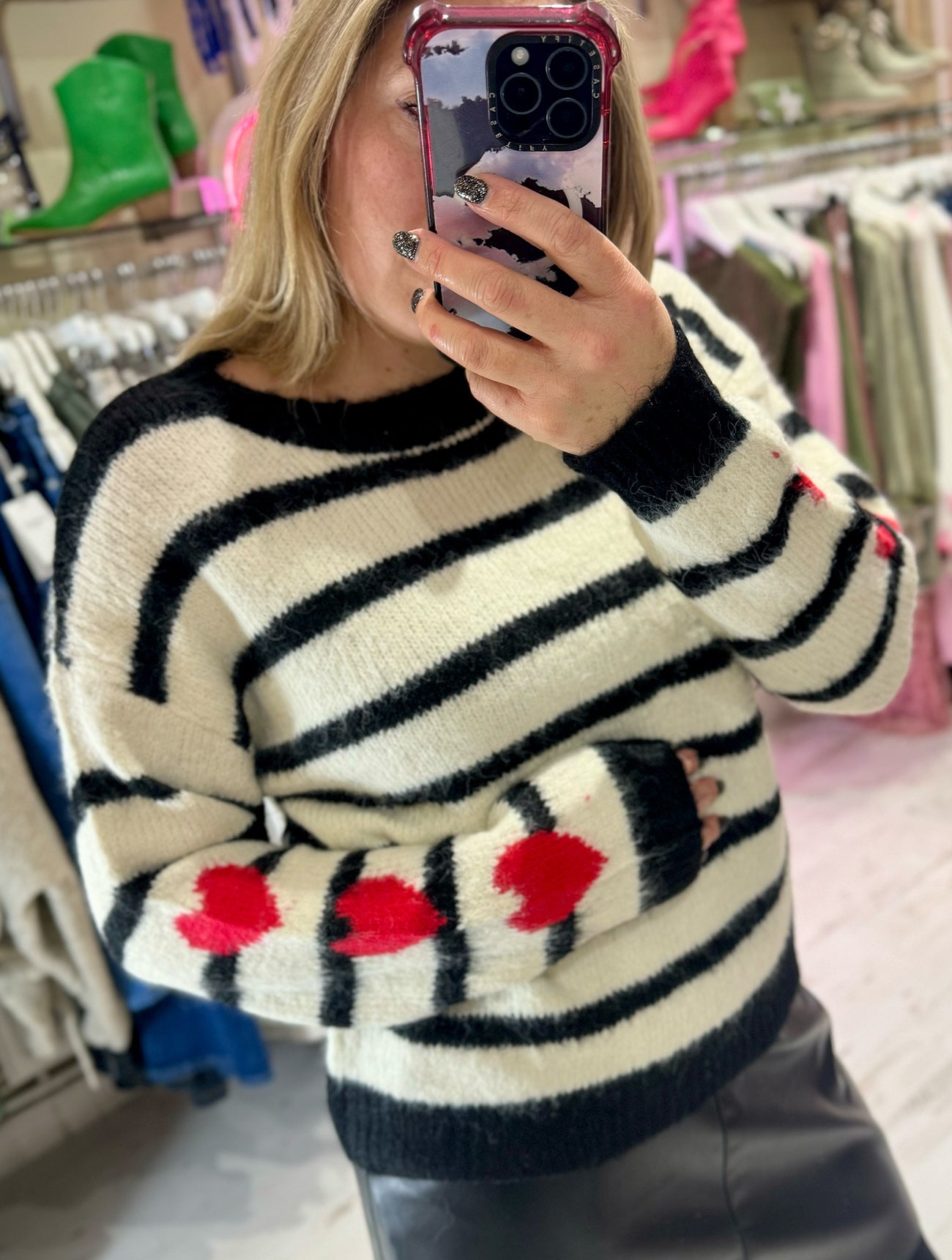 'She Wears Her Heart On Her Sleeve' Stripe Sweater | Black/Cream