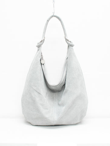 Suede Leather Slouch Shoulder Bag | Light Grey