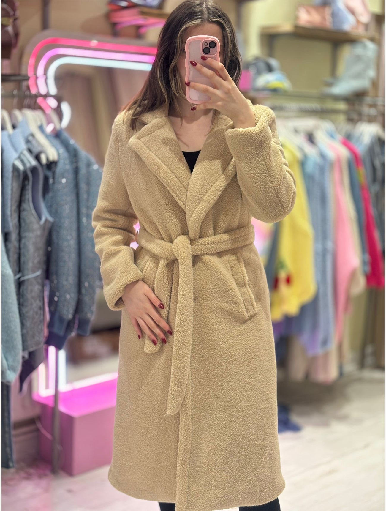 Long teddy coat beige hotsell