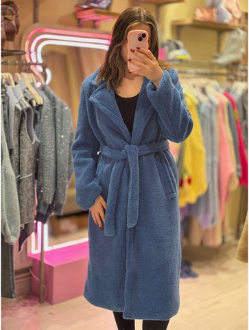 Teddy Long Belted Wrap Coat | Blue