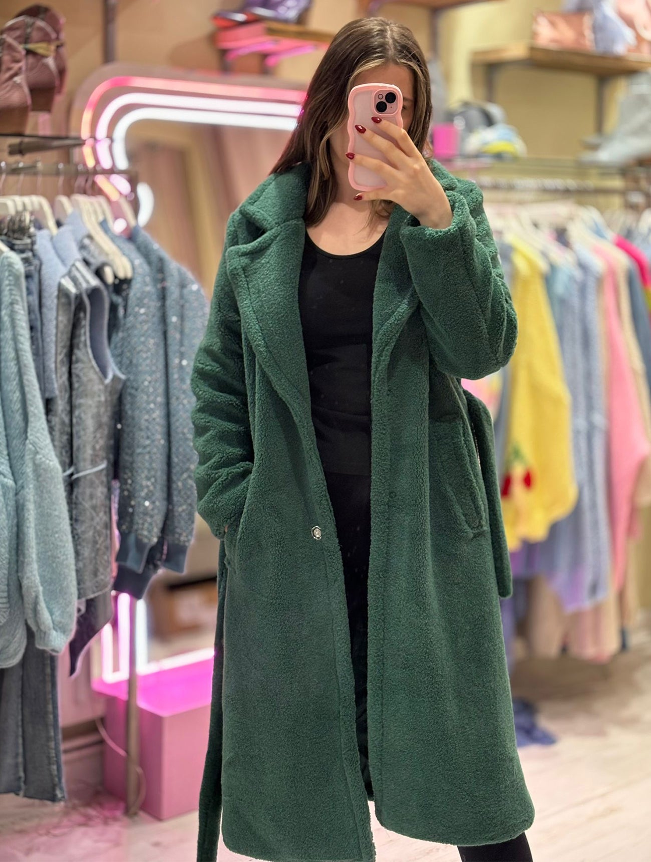 Teddy Long Belted Wrap Coat | Forest Green