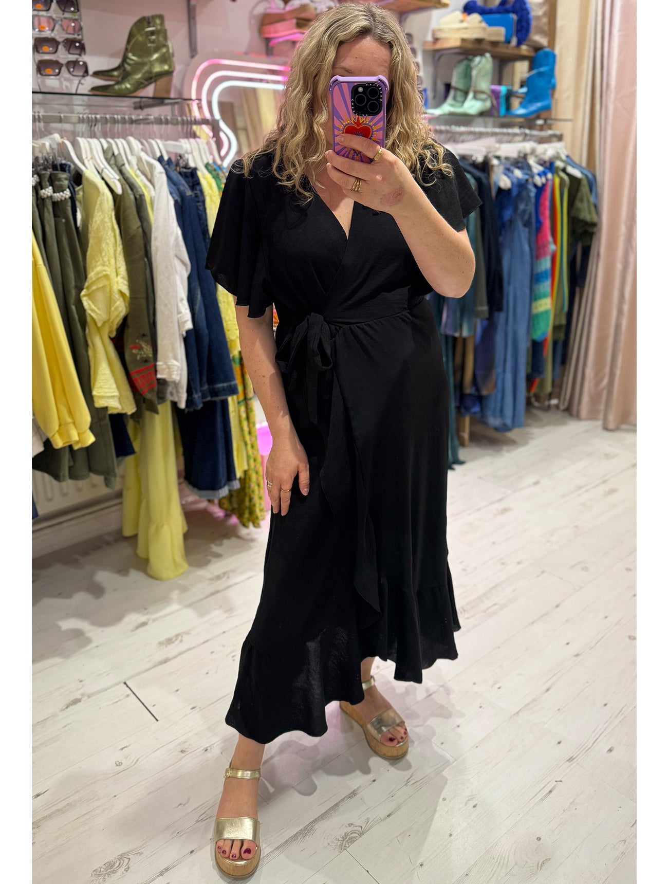Ruffle Detail Wrap Midi Dress | Black