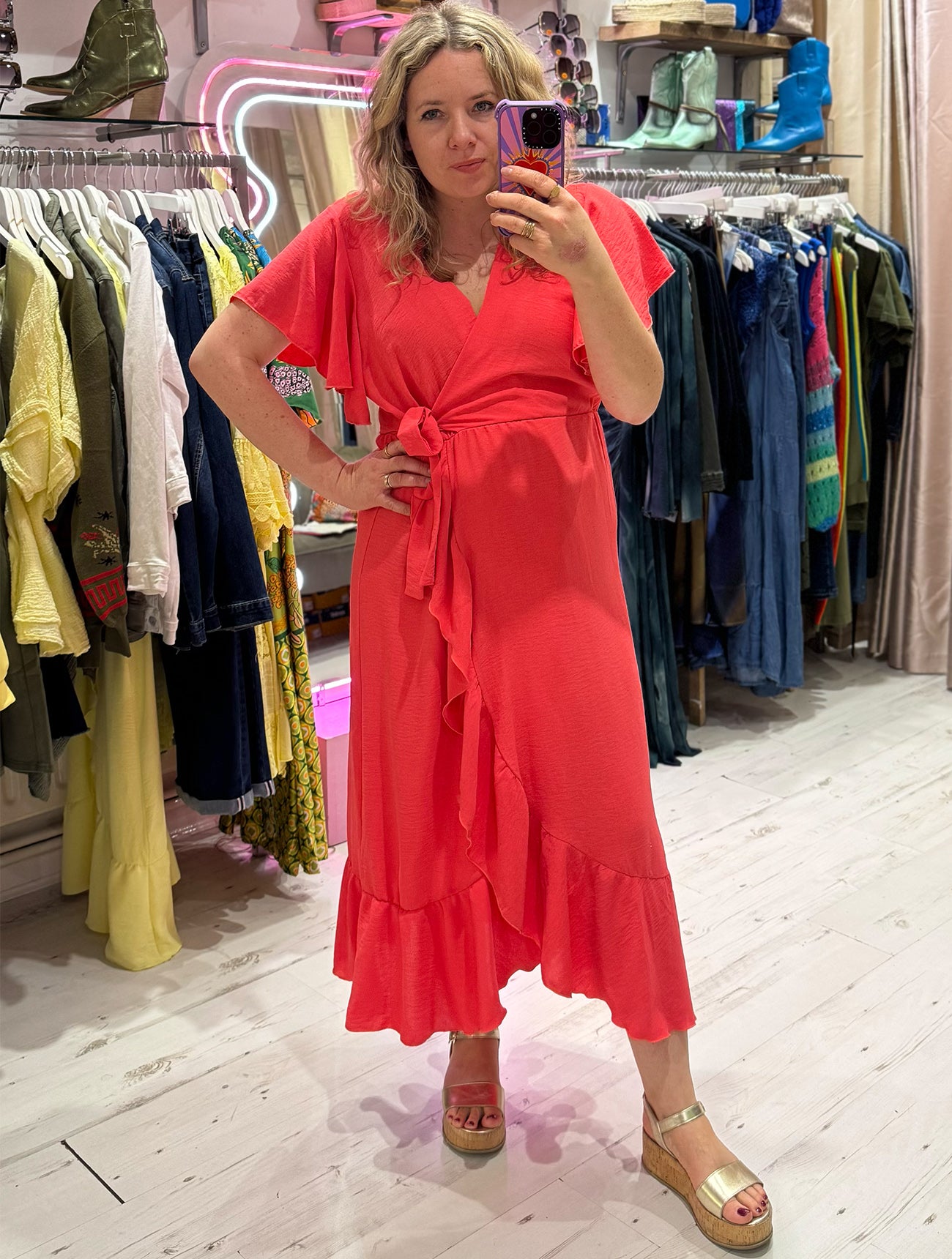 Ruffle Detail Wrap Midi Dress | Coral