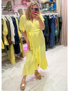 Ruffle Detail Wrap Midi Dress | Lemon Yellow