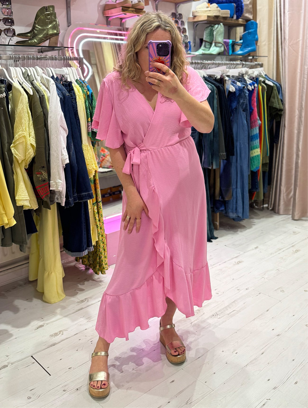 Ruffle Detail Wrap Midi Dress | Pink